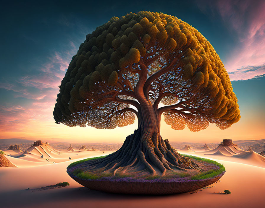 Giant surreal tree in desert landscape with pink sky