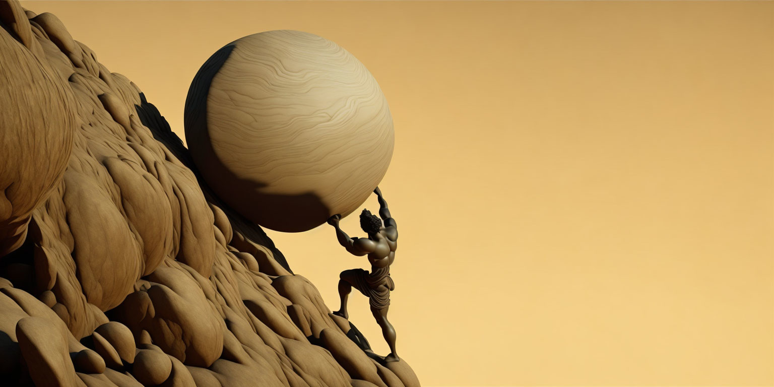 Muscular figure pushing marble sphere up rocky slope against golden background