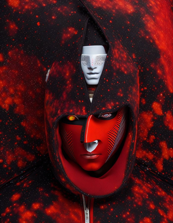 Futuristic stylized faces in red and black cosmic backdrop