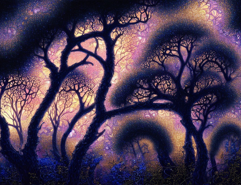 Enchanting mystical forest at dusk with twisting trees against starry sky