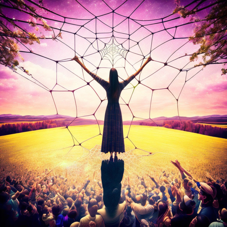 Silhouette of person with outstretched arms against vibrant sunset with spider web pattern and crowd below.