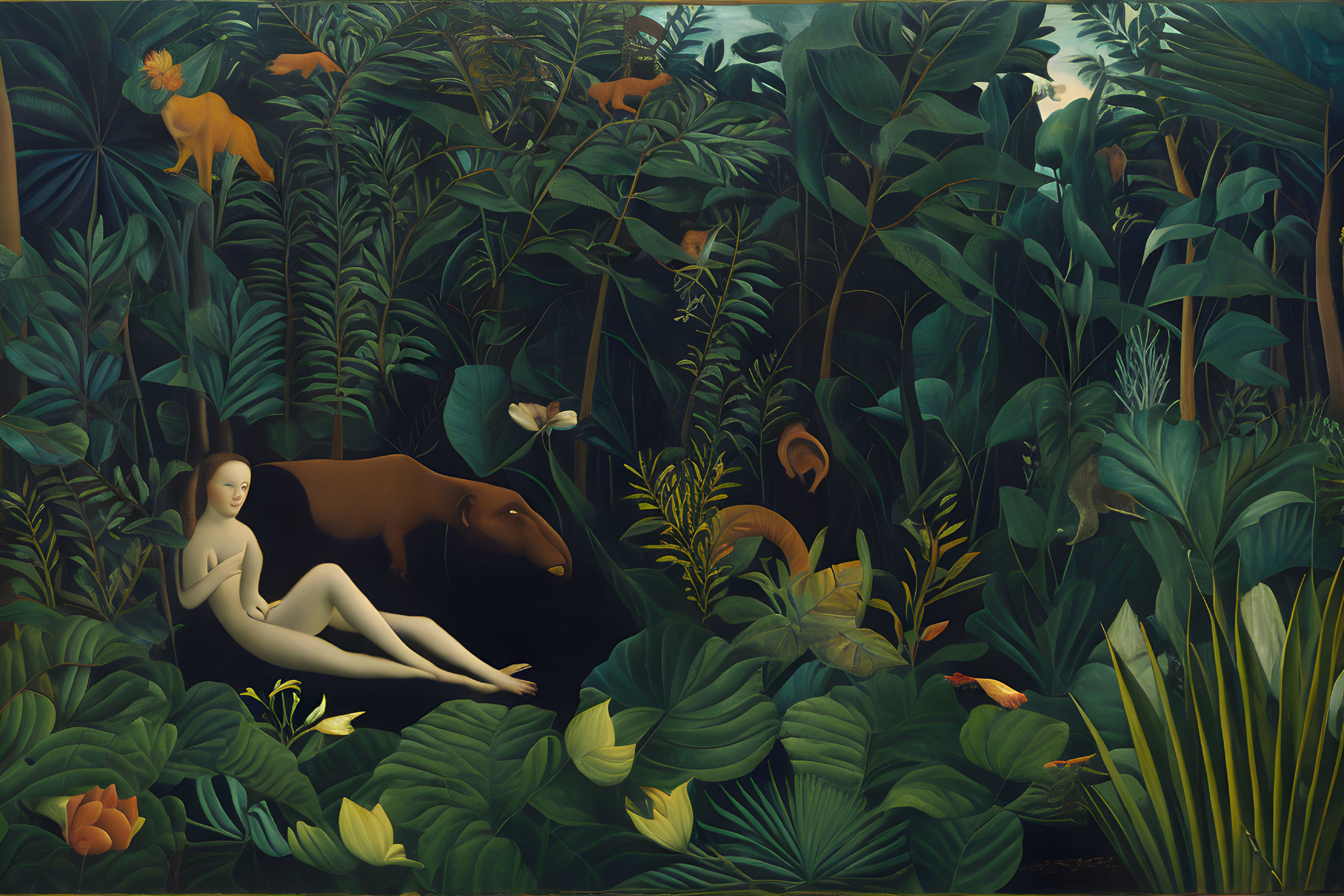 Surreal image of pale figure in dense tropical foliage with cow and lion