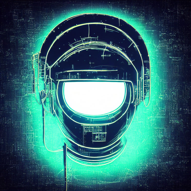 Detailed neon-lit astronaut helmet in futuristic setting