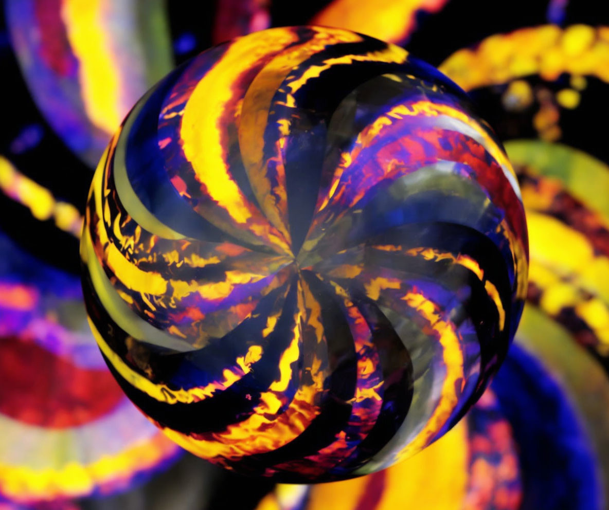 Colorful Swirling Glass Orb Reflects Abstract Background