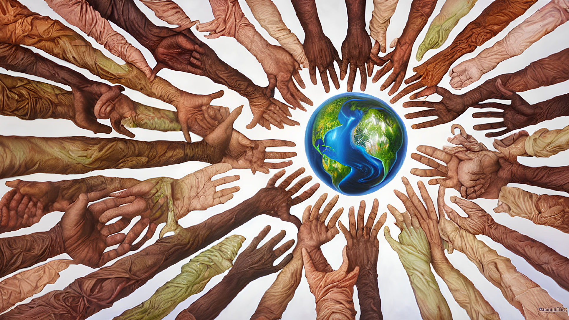 Diverse human hands united around central globe symbolizing unity