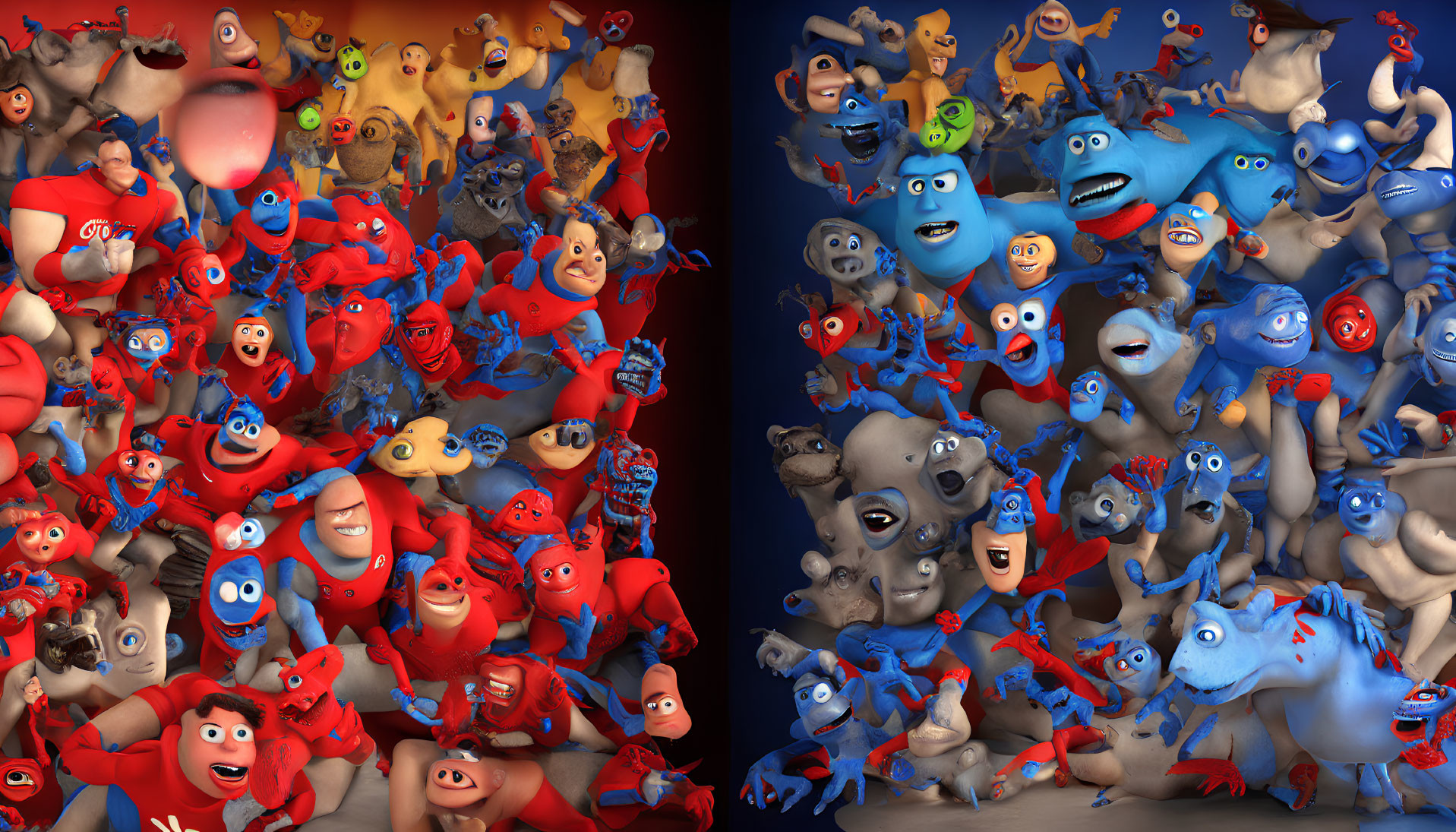 Colorful 3D animated character collage in red and blue