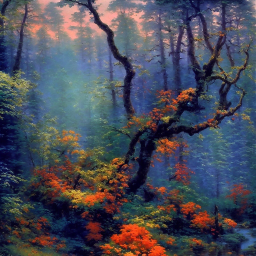 Twilight forest scene: vibrant orange foliage, twisting trees, soft fog, pink sky