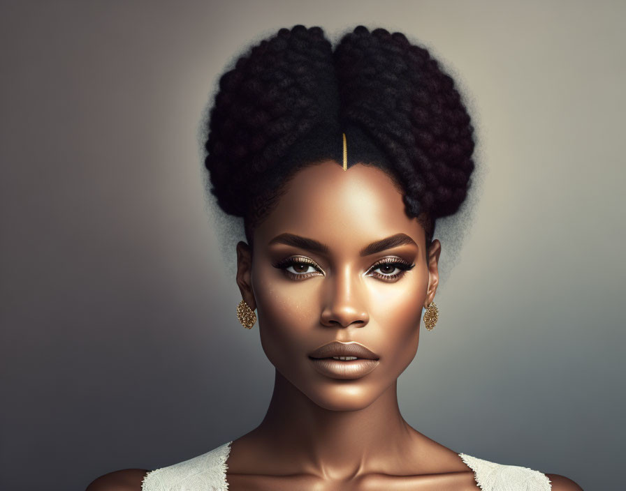 Stylized hair and makeup portrait with gold earrings