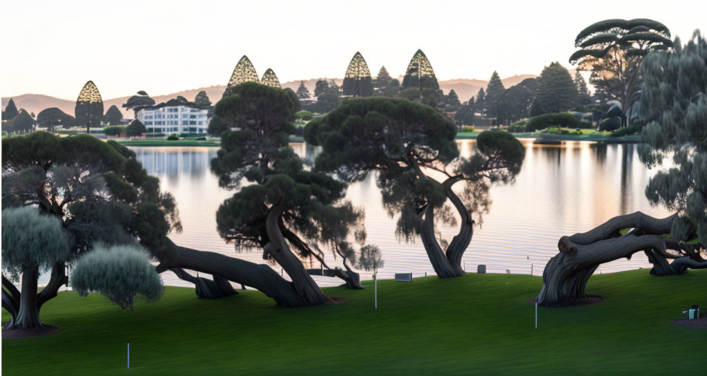 Tranquil lakeside landscape at dusk with unique trees and triangular rooftops