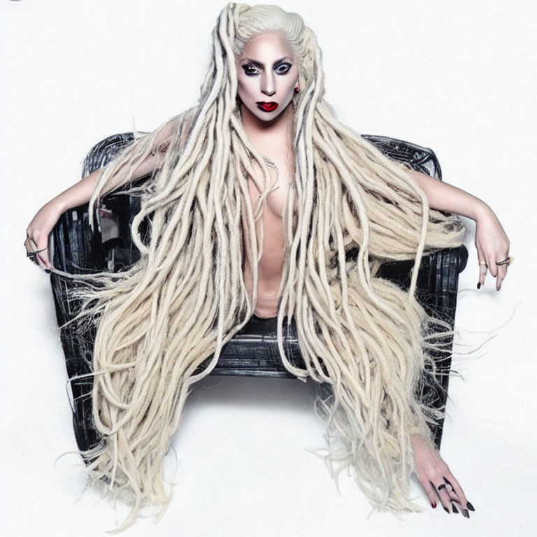 Portrait of a person with long white dreadlocks and bold makeup sitting in a black chair