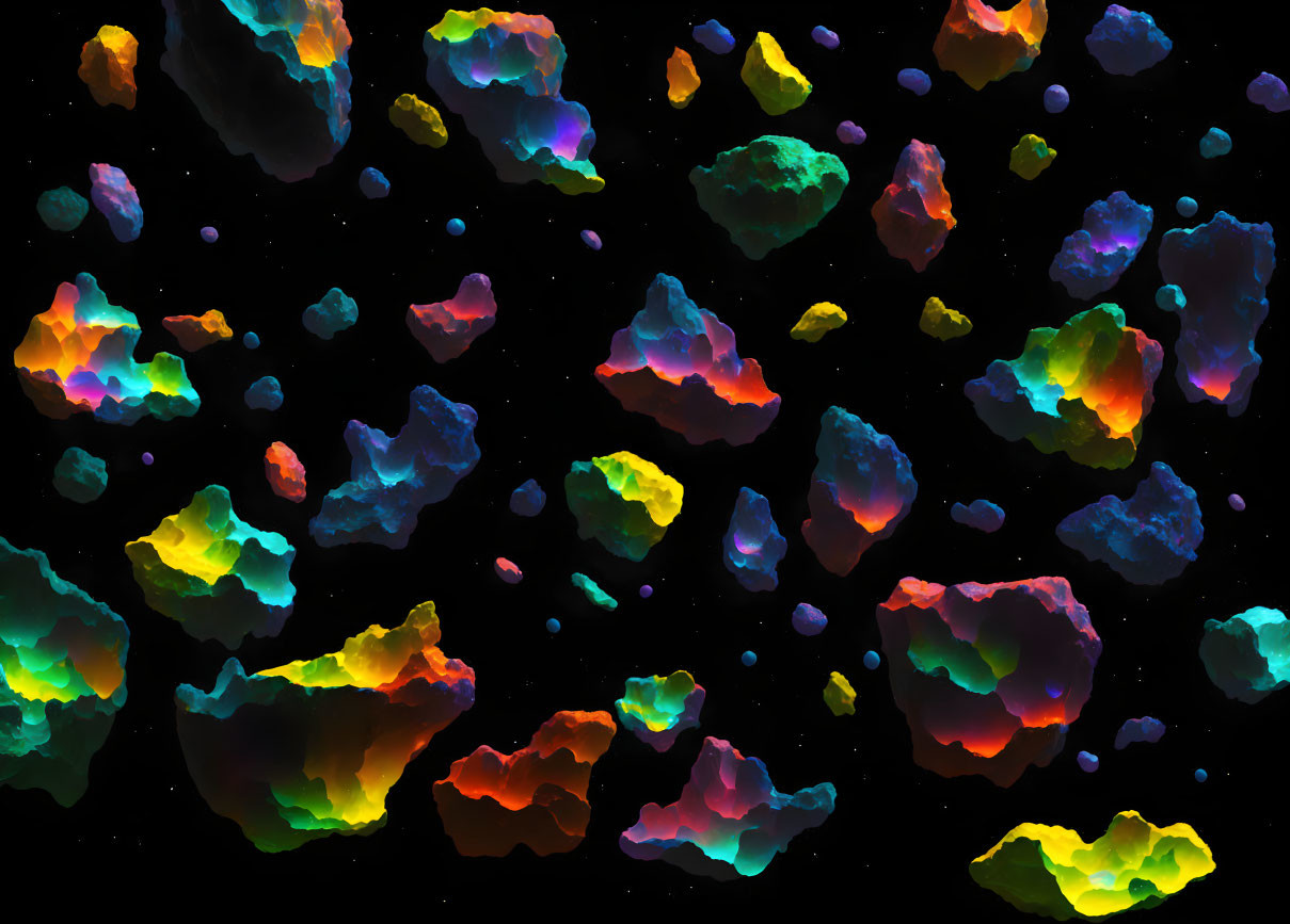 Colorful Glowing Asteroid-Like Objects in Starry Space