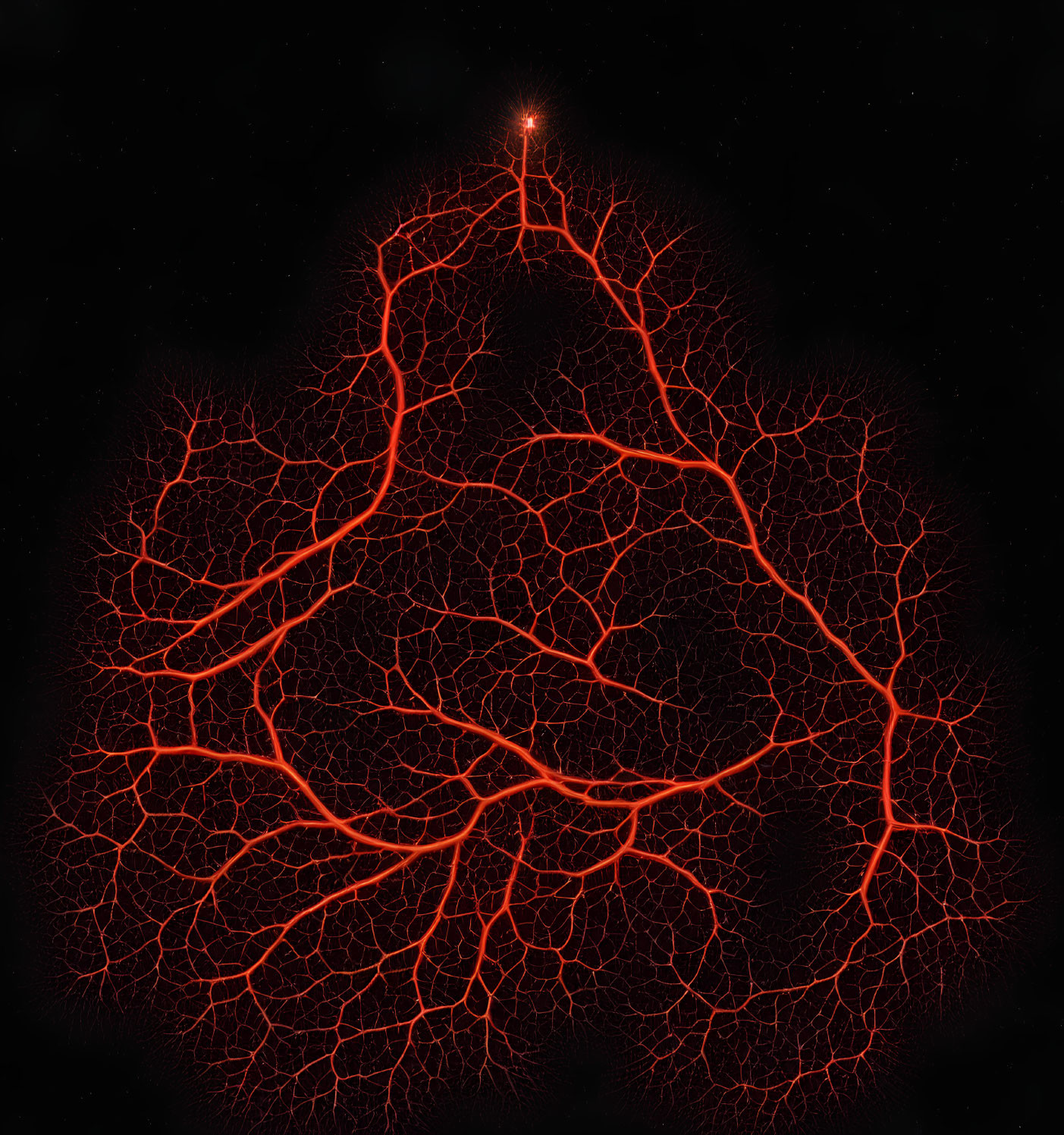 Bright fractal network resembling blood vessels on dark background