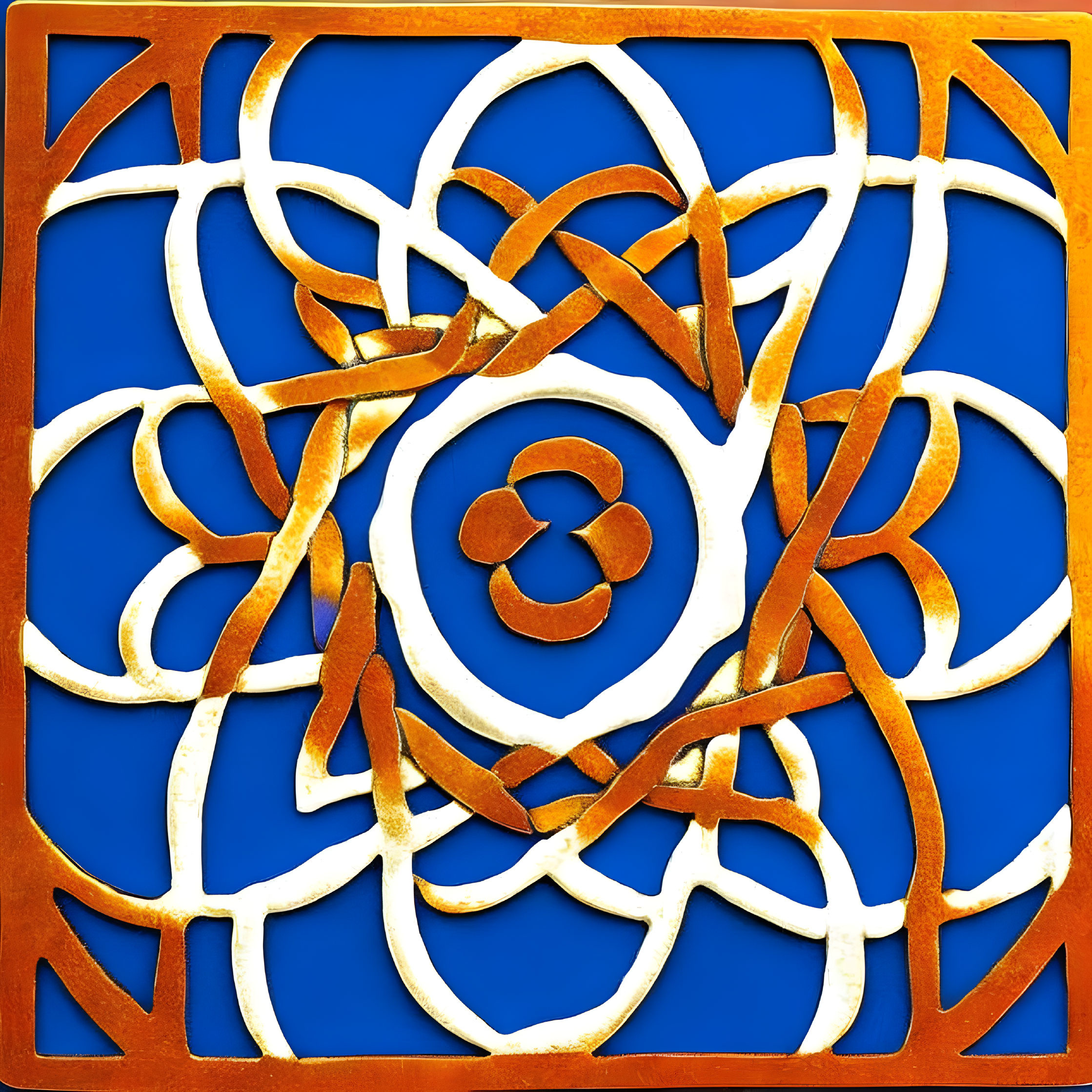 Gold Celtic Knot Pattern on Vibrant Blue Background with Golden Border