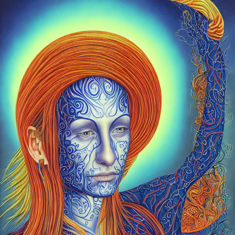 Colorful illustration of person with blue swirls, red hair, halo background