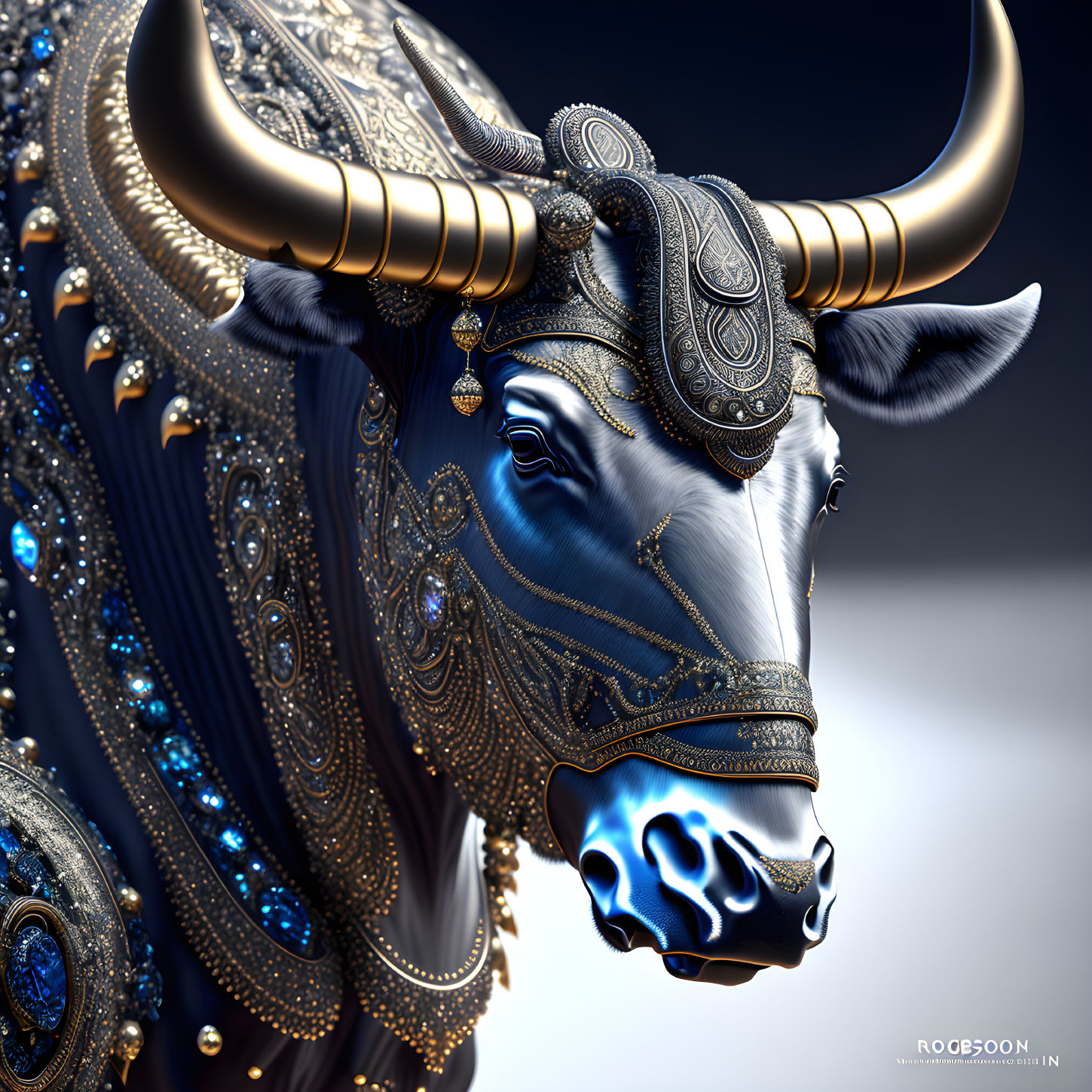 Detailed Digital Artwork: Bull's Head with Gold and Blue Ornaments