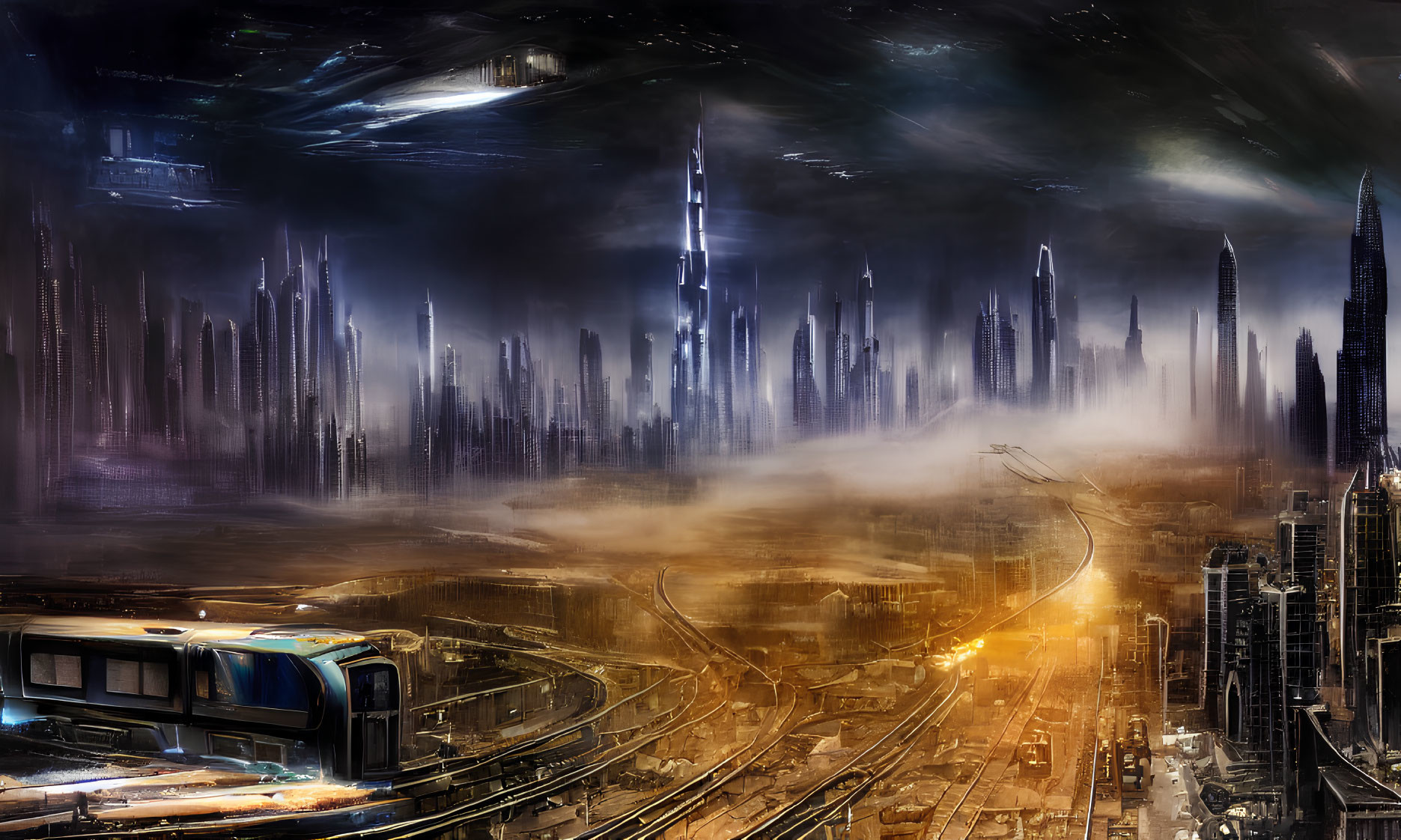 Futuristic cityscape with skyscrapers and monorail system