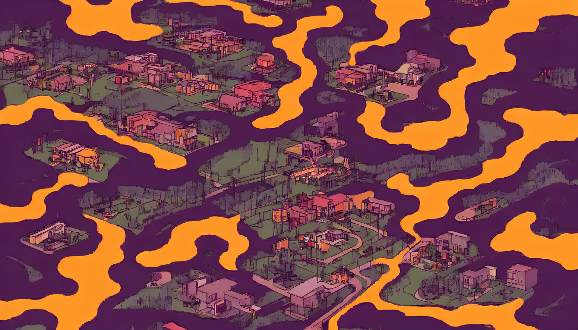 Surreal illustrated landscape of fragmented suburbia with detached houses on islets in orange lava.