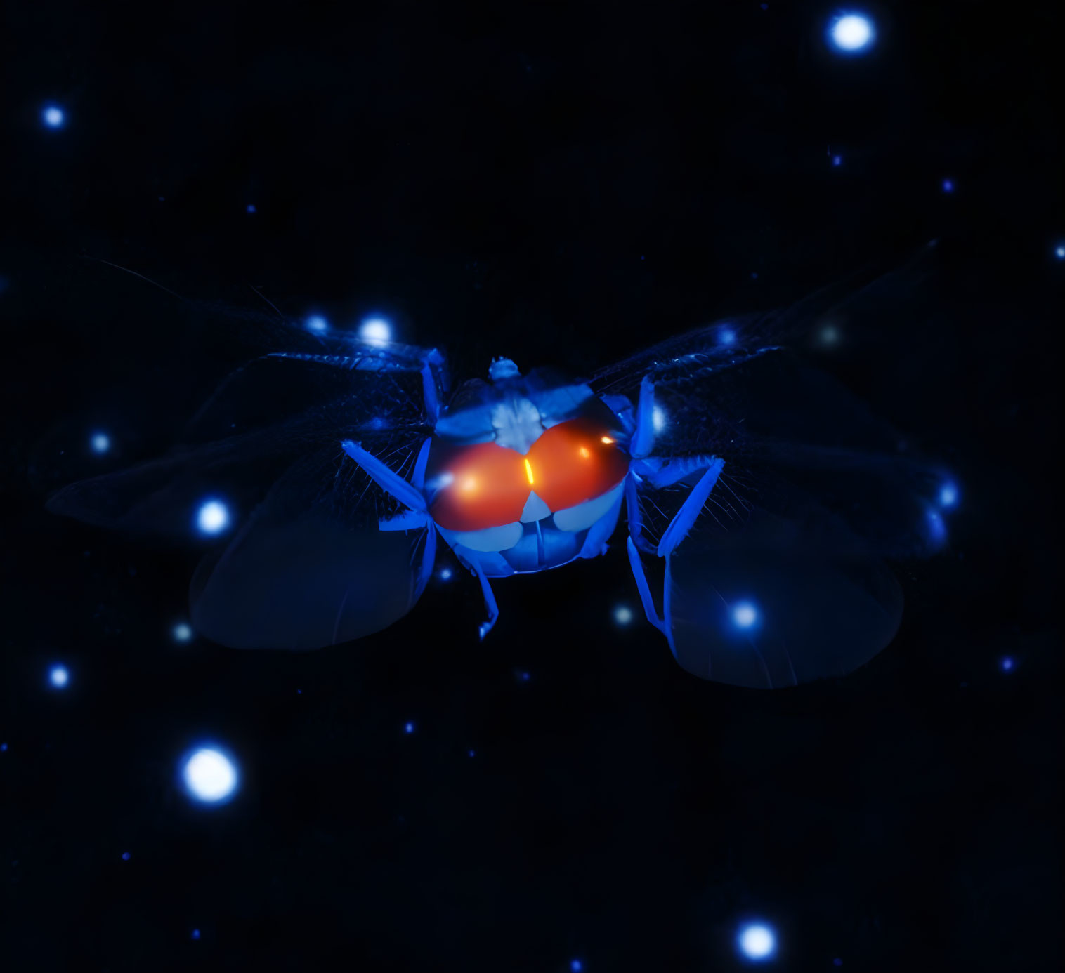 Digitally altered image: Glowing housefly in blue hues with floating orbs