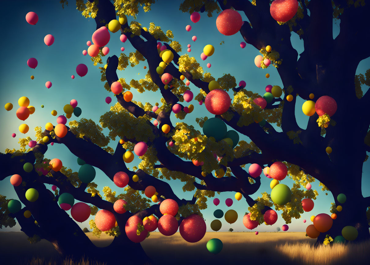 Colorful balloons tangled in dark tree branches at dusk