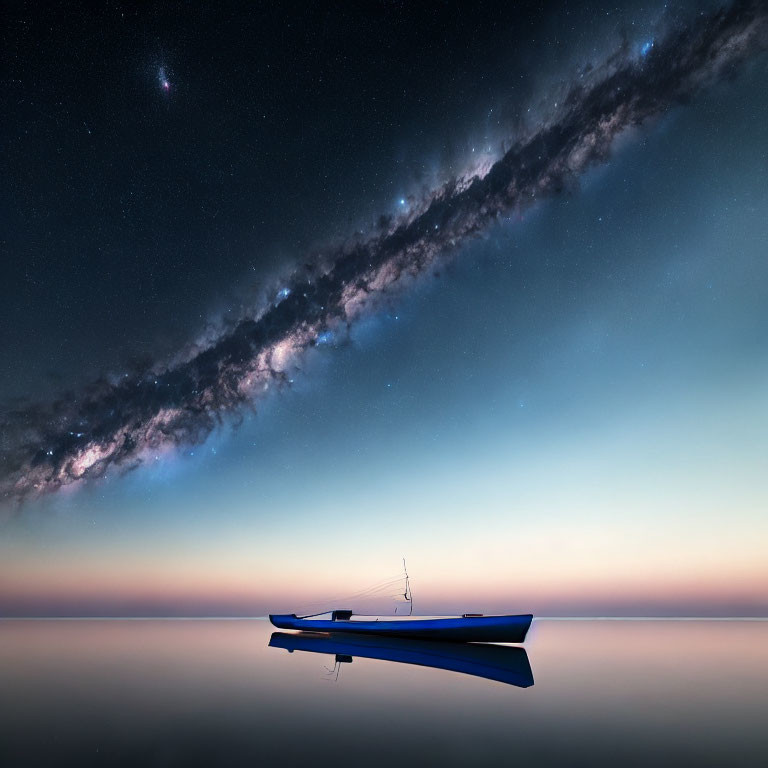 Tranquil twilight setting with blue kayak on glassy water under Milky Way.