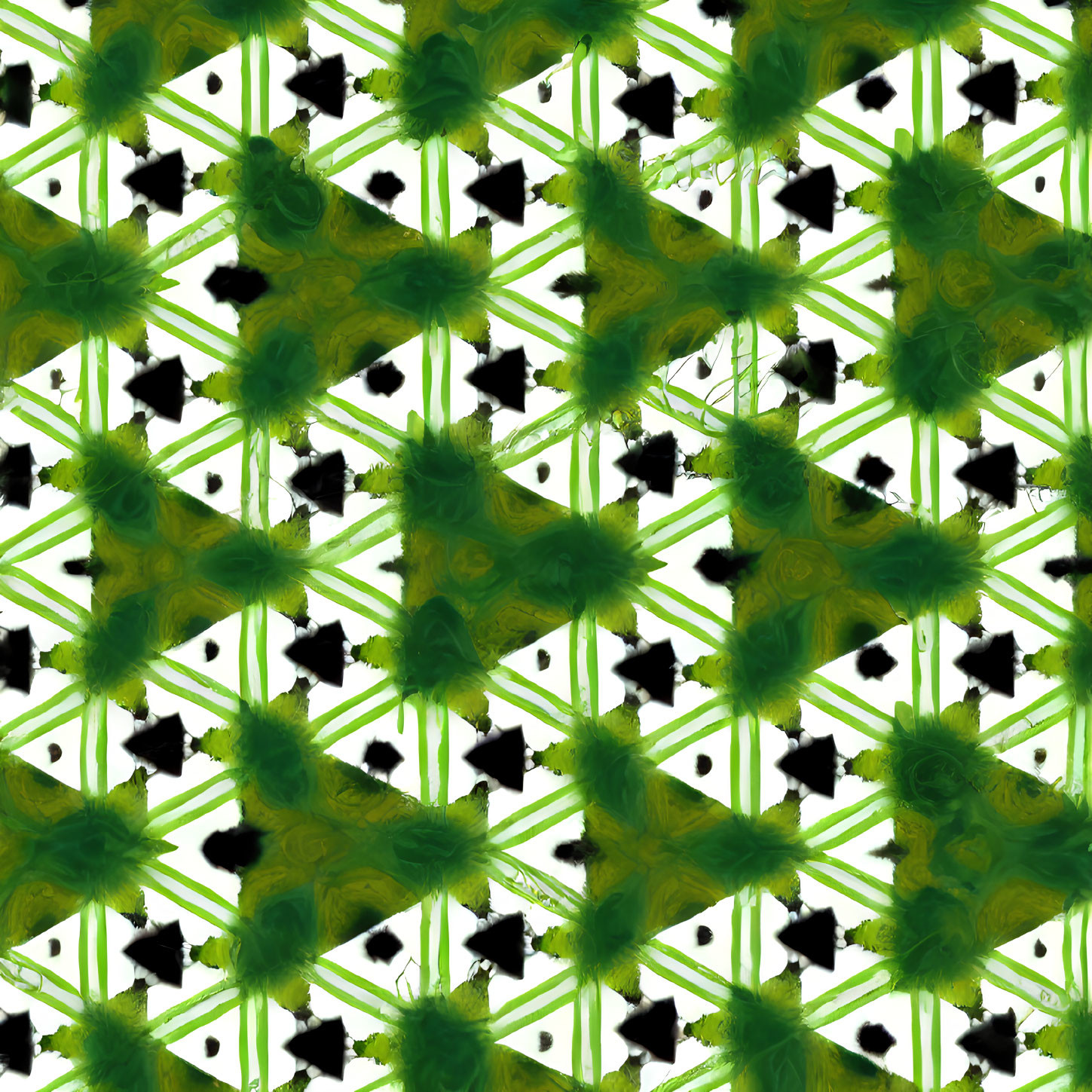 Green and Yellow Abstract Pattern with Lattice Structure and Stars on White Background