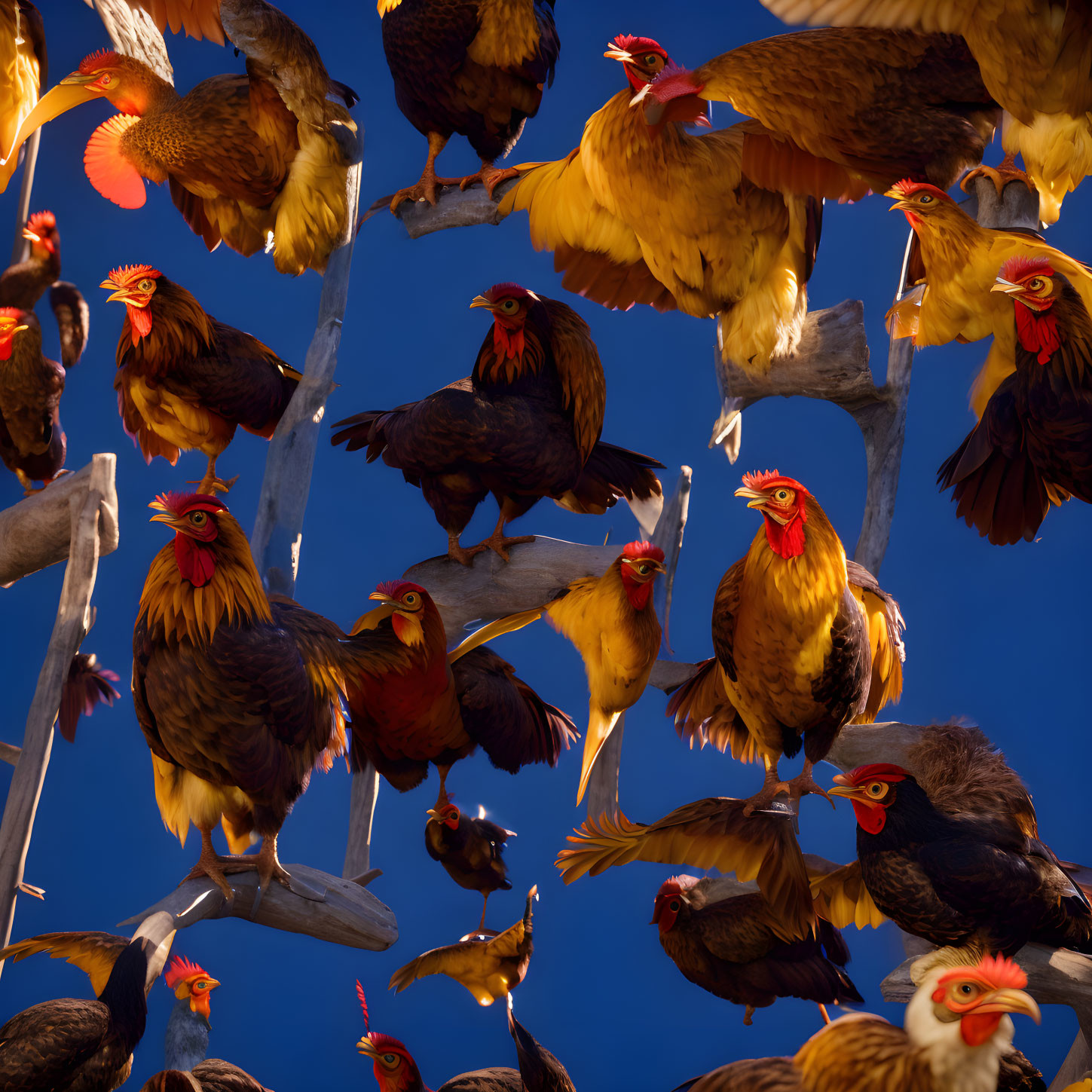 Colorful Chickens on Wooden Branches Under Blue Sky