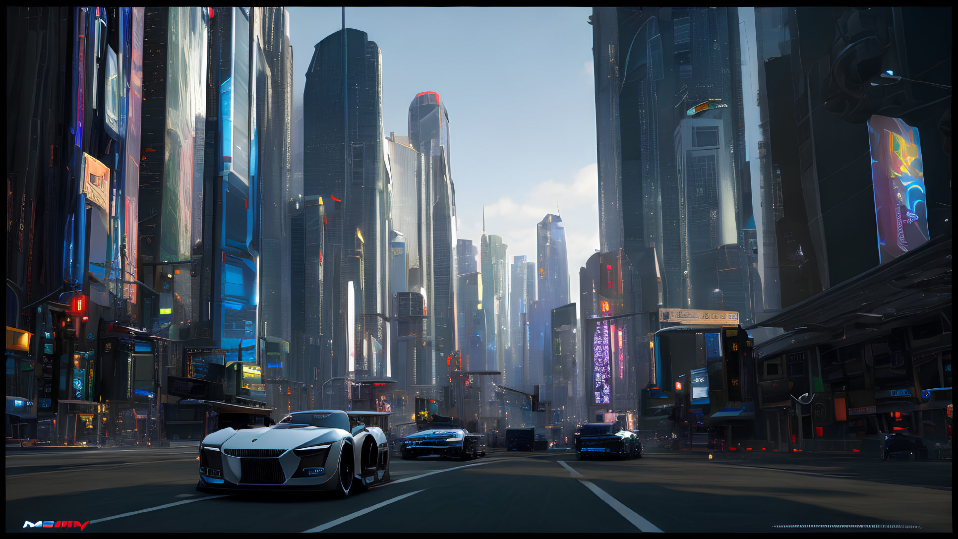 Futuristic cityscape with skyscrapers, neon signs, and sports car