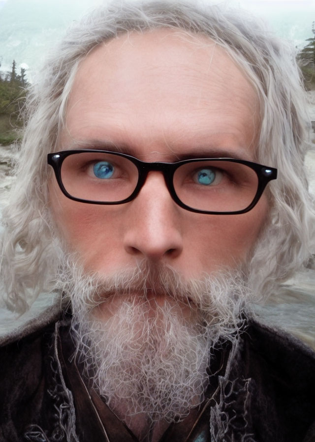 Portrait of a man with blue eyes, gray beard, and glasses in nature.