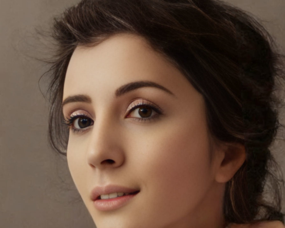 Dark-haired woman with subtle makeup in neutral expression on tan backdrop