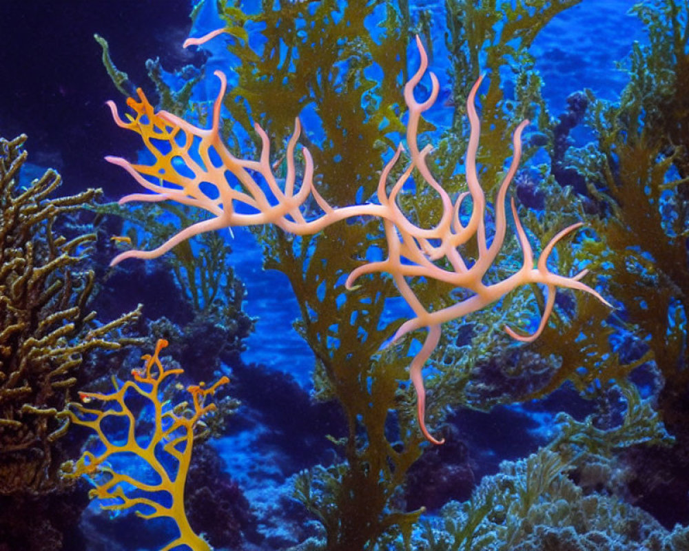 Colorful Underwater Scene: Orange Coral Branches in Deep Blue Ocean