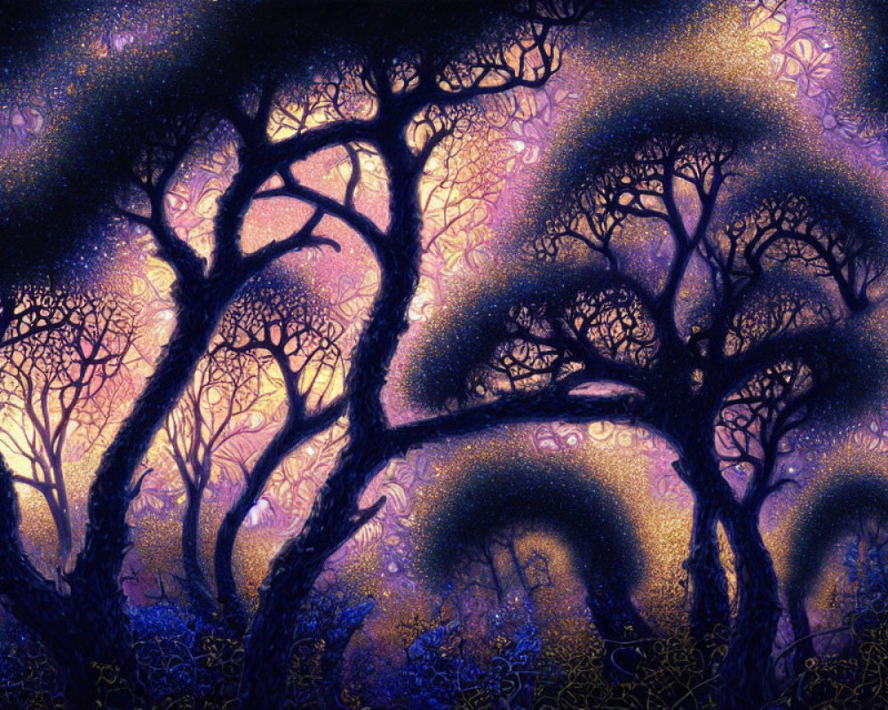 Enchanting mystical forest at dusk with twisting trees against starry sky