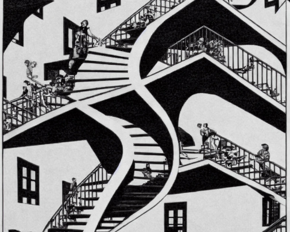 Surreal architecture with multiple staircases and figures in Escher-like design