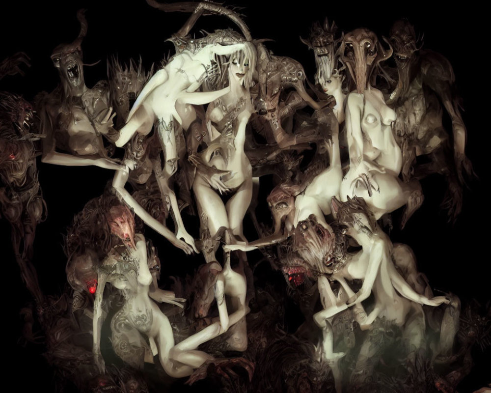 Surreal dark image: Distorted humanoid figures in misty setting