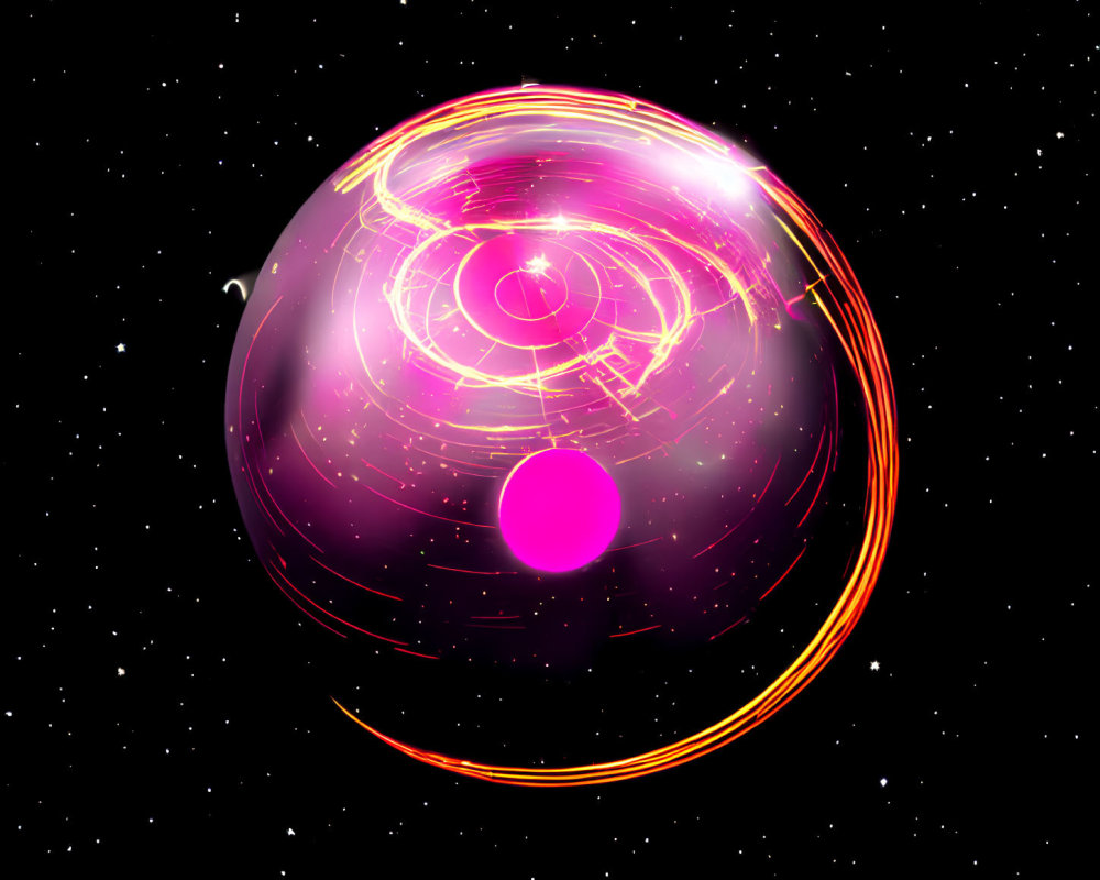 Glowing pink sphere with luminous rings in starry space background