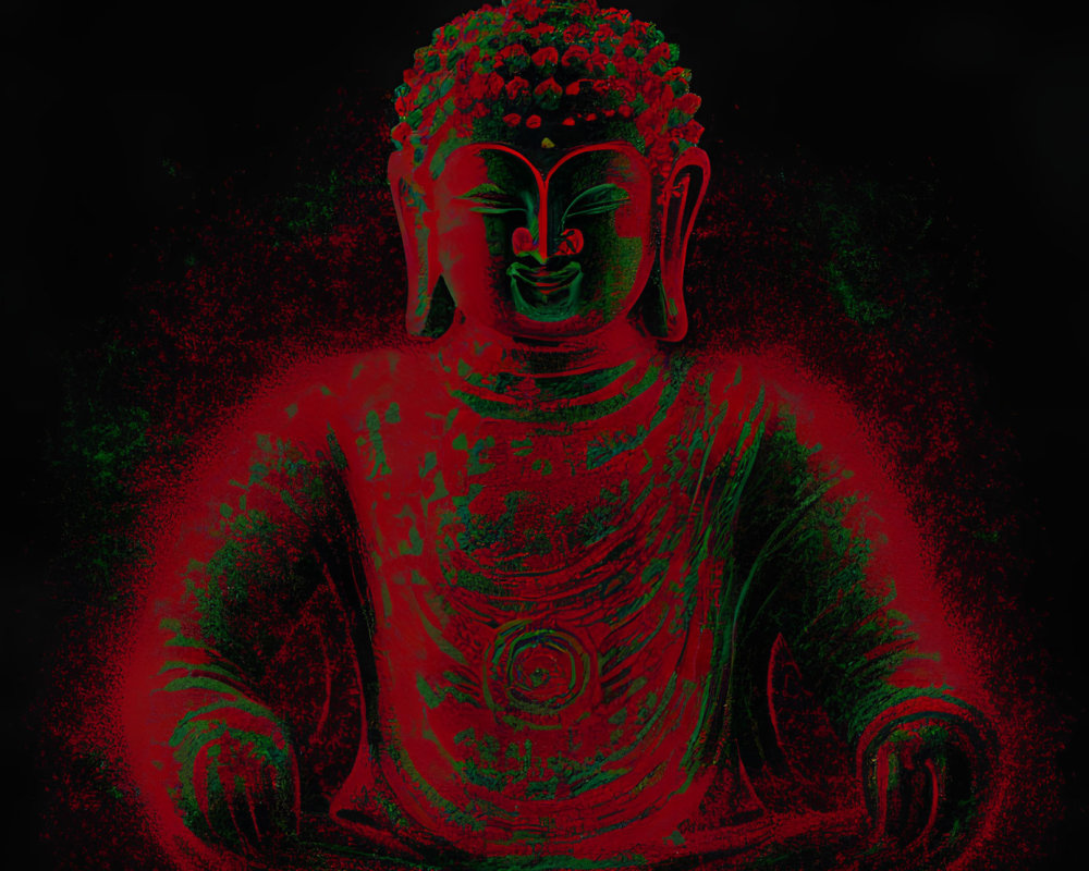 Digital art: Glowing Buddha statue with red and green aura on dark background