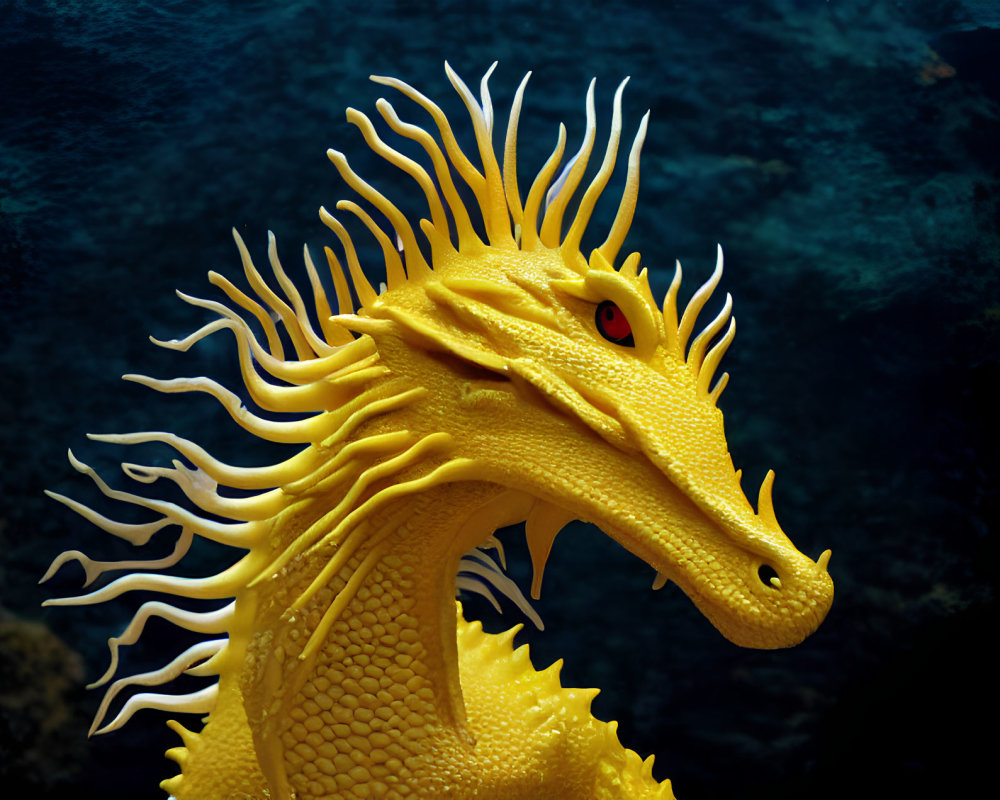 Colorful Yellow Seahorse with Elaborate Fin Frills in Dark Blue Ocean