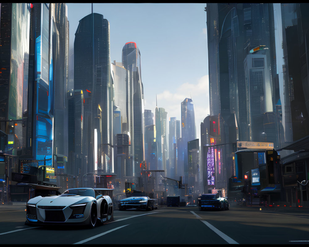 Futuristic cityscape with skyscrapers, neon signs, and sports car