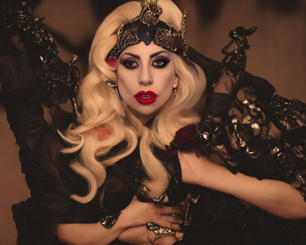 Person with Dramatic Makeup and Ornate Headpiece in Black and Gold Attire poses against Blurred