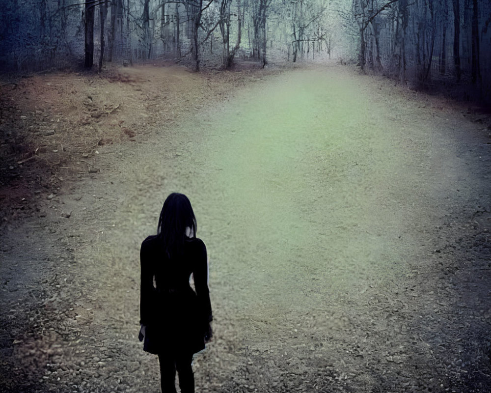 Solitary figure on misty forest trail with barren trees on overcast day