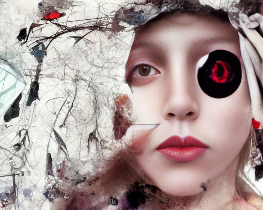 Abstract surrealistic digital art featuring female face with red eye, branches, and scattered elements