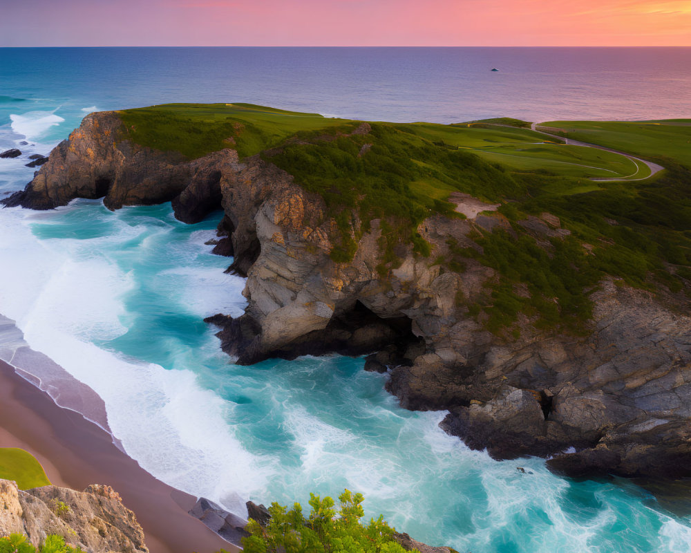 Vibrant Coastal Sunset with Golf Course, Turquoise Waves, and Serene Horizon