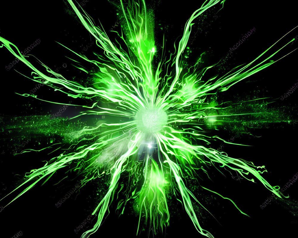 Dynamic Green Energy Burst with Light Streaks on Black Background