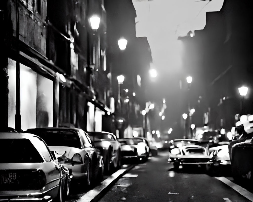 Dimly lit foggy street at night with parked cars and old buildings