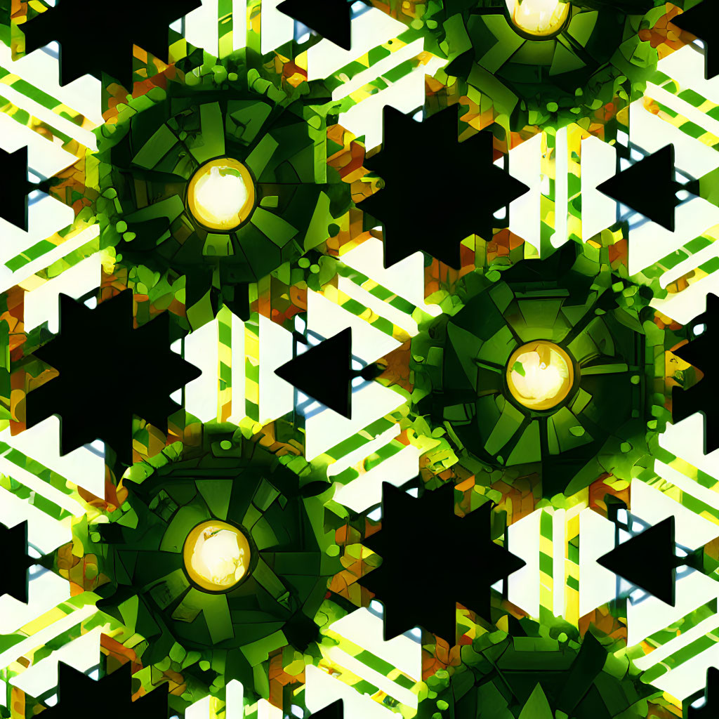 Green and Yellow Geometric Kaleidoscope Pattern on Dark Background