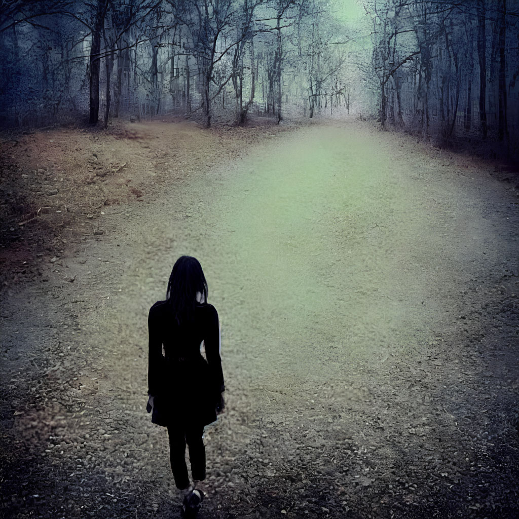 Solitary figure on misty forest trail with barren trees on overcast day