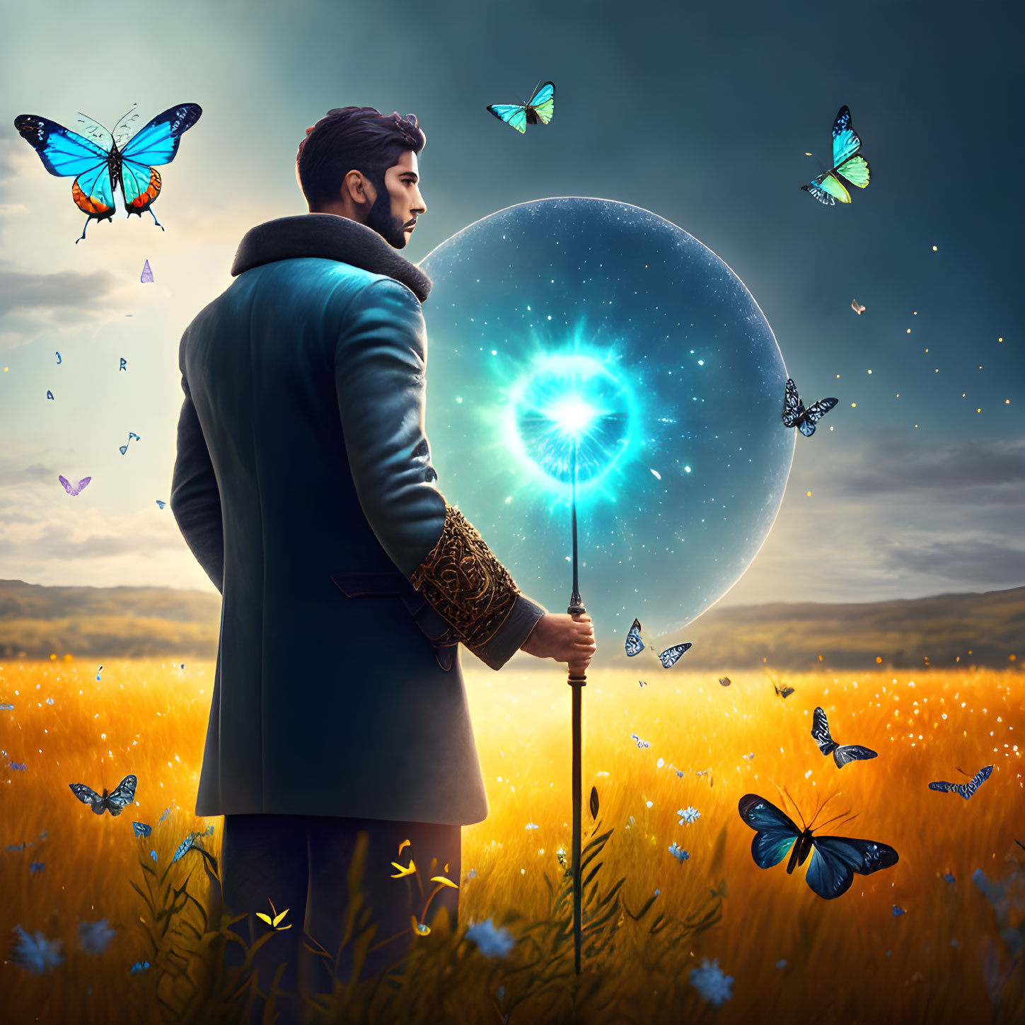 Man in coat with glowing staff in magical meadow with butterflies and luminous moon