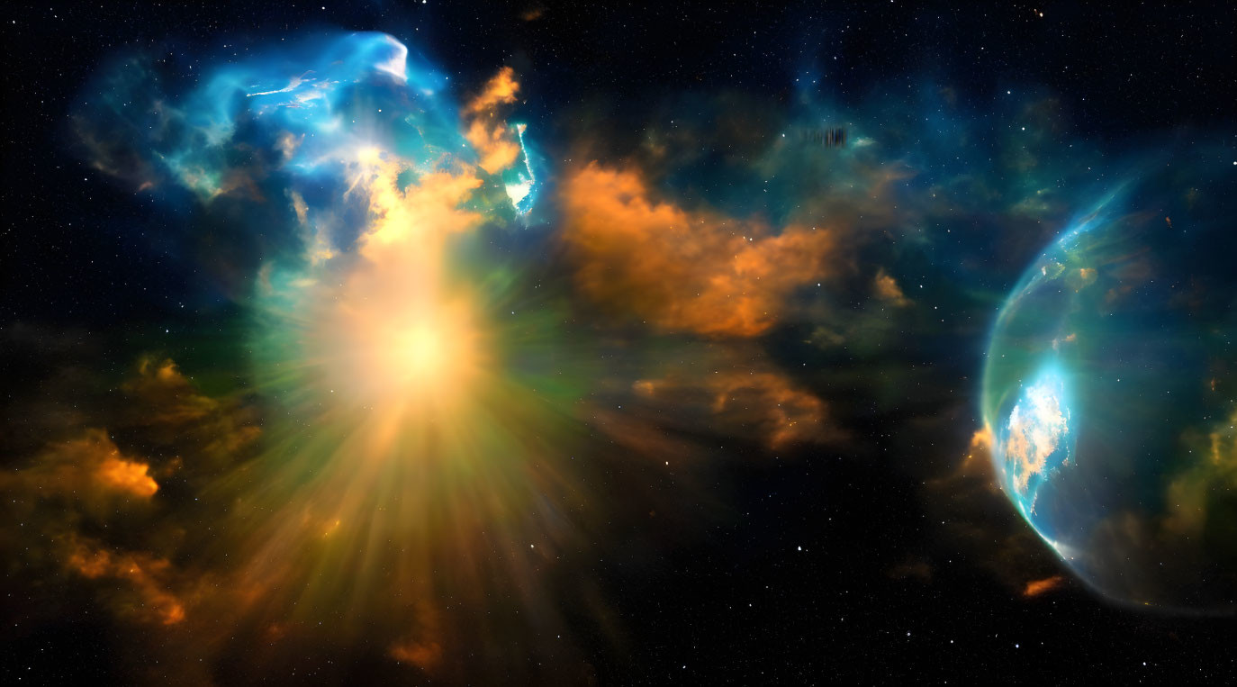 Bright starburst, celestial clouds, glowing planet with landmasses.