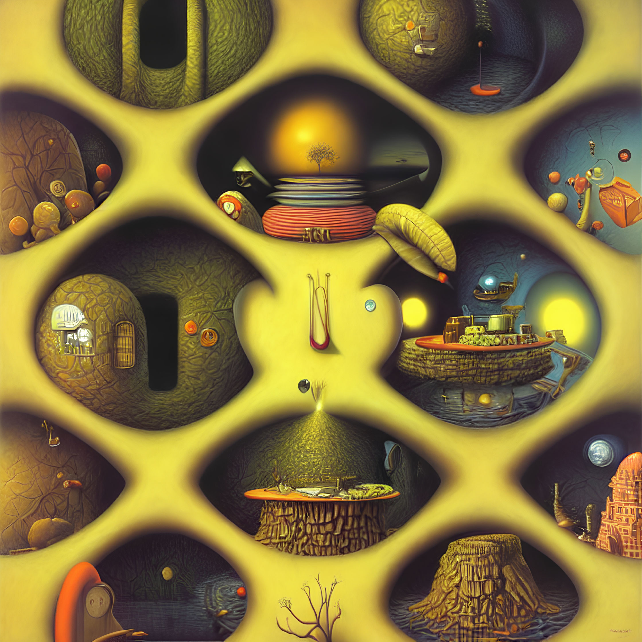 Fantastical scenes inside honeycomb-like cells with surreal elements