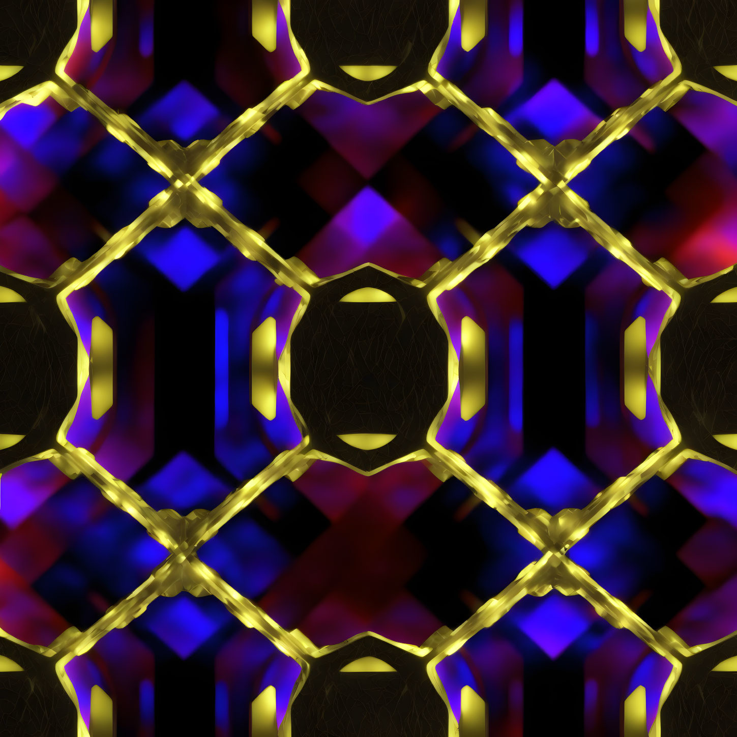 Symmetrical Abstract Pattern in Yellow, Blue, and Purple on Dark Background