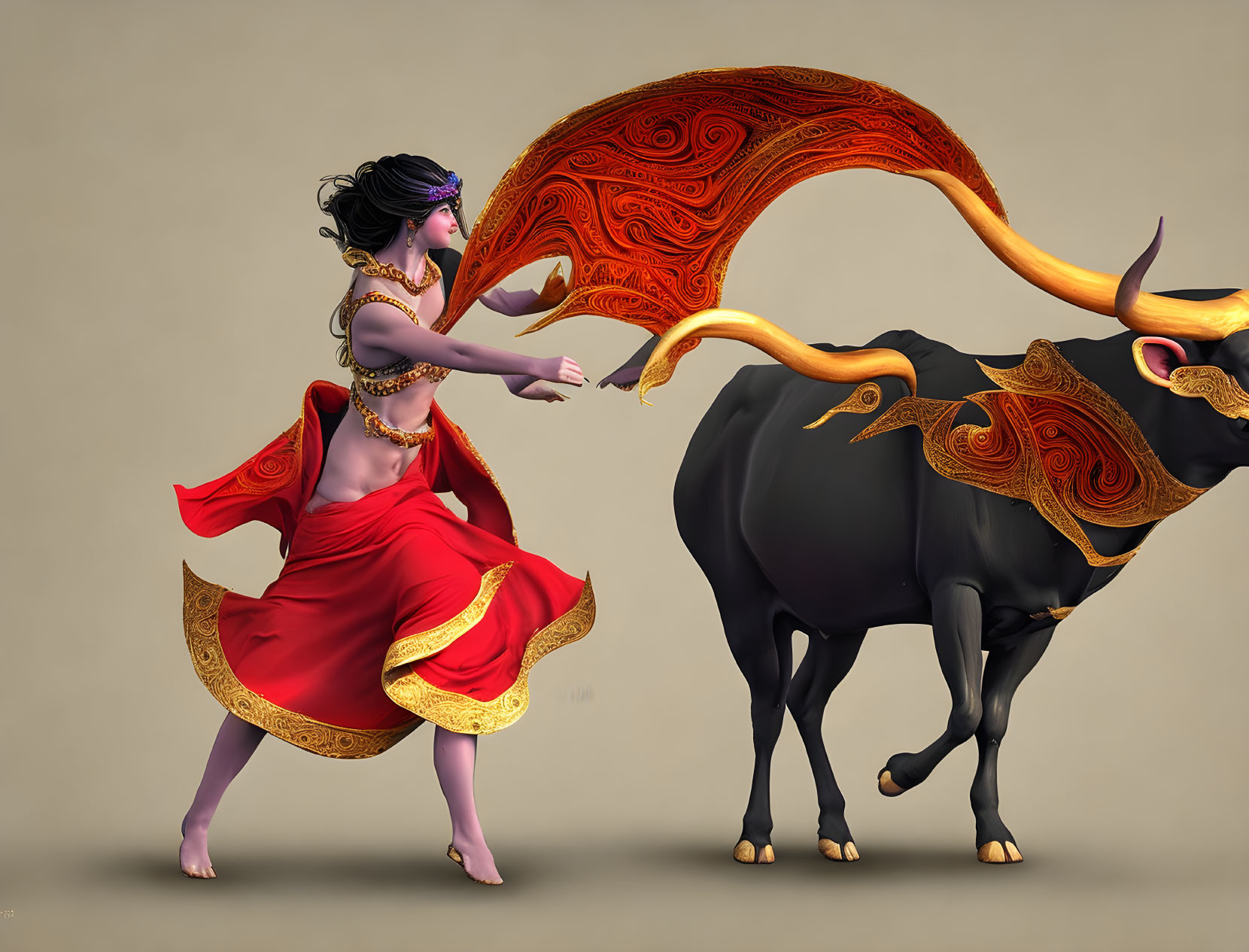 Woman in red attire dances with stylized bull in animated image